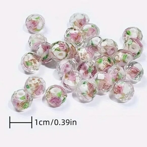 Beautiful white colorful glass beads With Rose Inlay  10 Beads 8mm - Picture 2 of 2